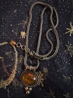 Sterling-Style Amber Pendant Necklace in Warm Honey Brown Amber.